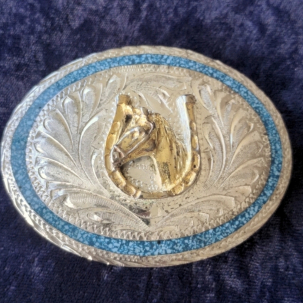 Vintage Western Southwestern Cowboy Cowgirl Belt Buckle, Natural Turquoise Inlay